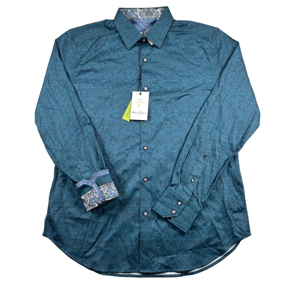 NEW Robert Graham Button Up Shirt Mens M Dark Teal Kepler Mandala Stretch